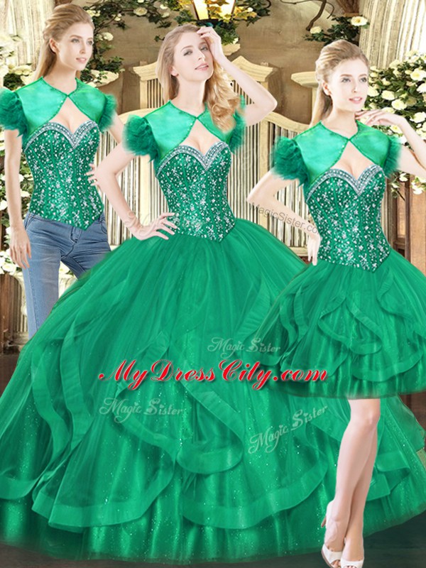 Designer Floor Length Dark Green 15th Birthday Dress Tulle Sleeveless Beading and Ruffles