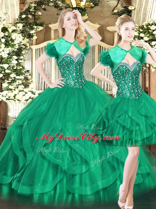 Designer Floor Length Dark Green 15th Birthday Dress Tulle Sleeveless Beading and Ruffles