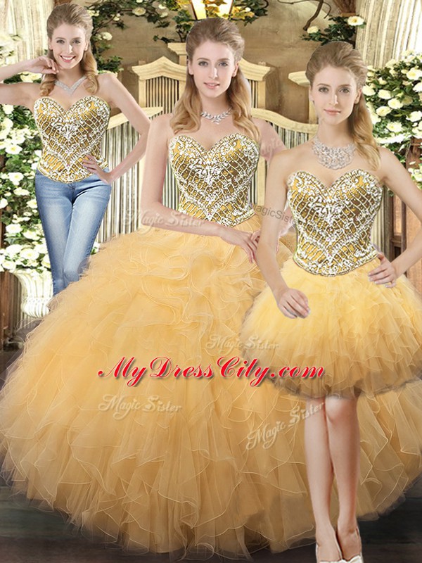 Colorful Gold Lace Up Sweetheart Beading and Ruffles Vestidos de Quinceanera Tulle Sleeveless