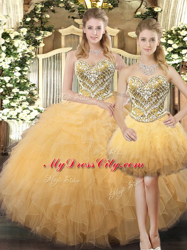 Colorful Gold Lace Up Sweetheart Beading and Ruffles Vestidos de Quinceanera Tulle Sleeveless