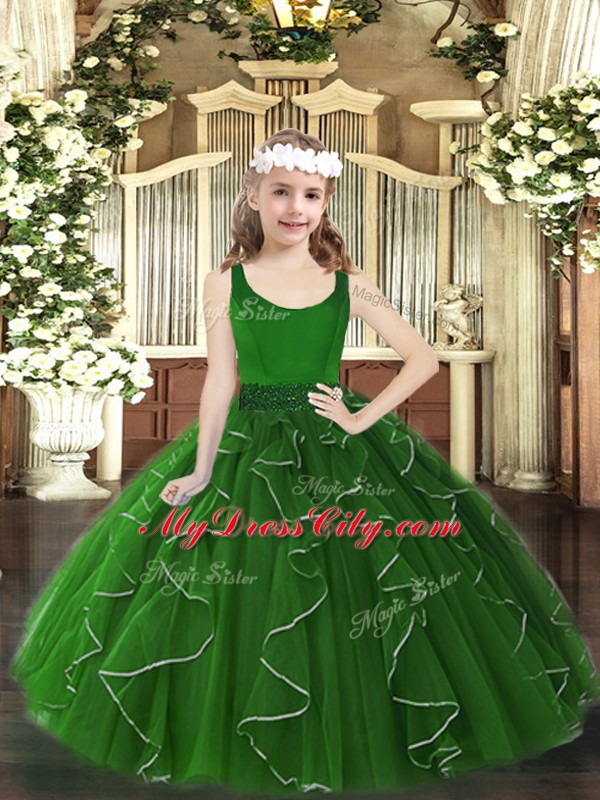 Dark Green Scoop Neckline Beading and Ruffles Kids Pageant Dress Sleeveless Zipper