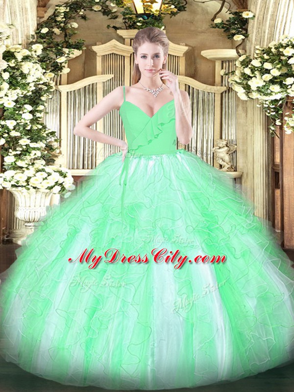 Excellent Organza Spaghetti Straps Sleeveless Zipper Ruffles Sweet 16 Quinceanera Dress in Apple Green