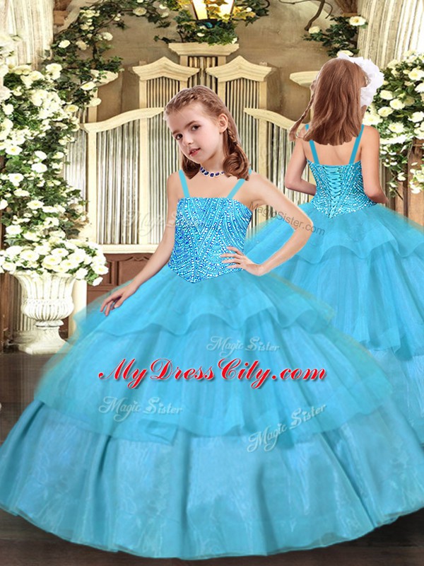 Sleeveless Organza Floor Length Lace Up Custom Made Pageant Dress in Aqua Blue with Beading and Ruffled Layers