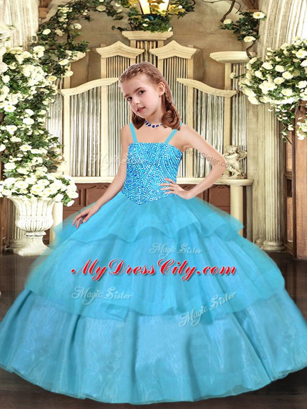 Sleeveless Organza Floor Length Lace Up Custom Made Pageant Dress in Aqua Blue with Beading and Ruffled Layers