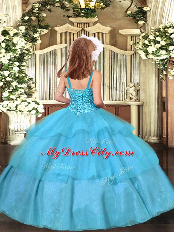 Sleeveless Organza Floor Length Lace Up Custom Made Pageant Dress in Aqua Blue with Beading and Ruffled Layers