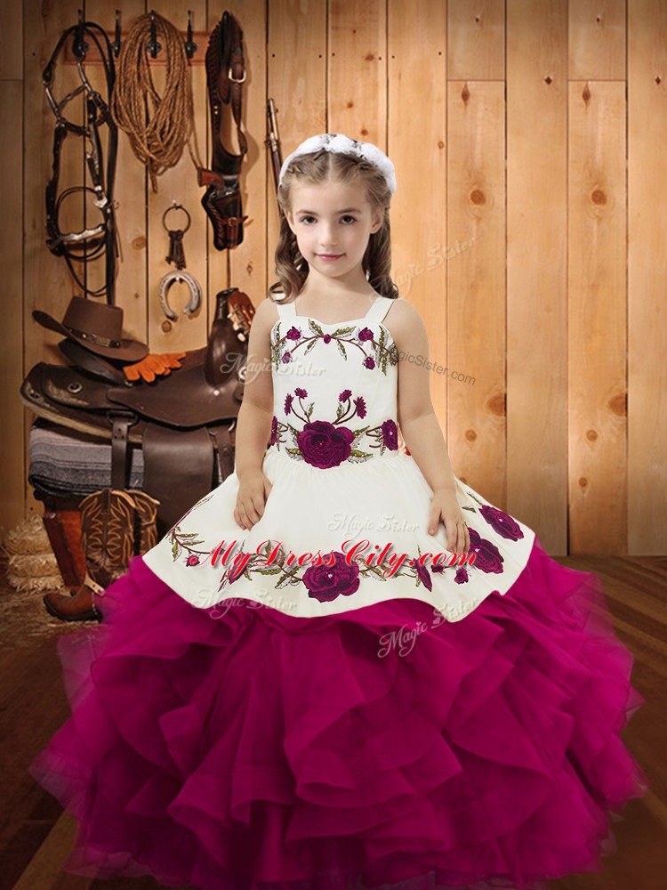 Floor Length Fuchsia Girls Pageant Dresses Tulle Sleeveless Embroidery and Ruffles