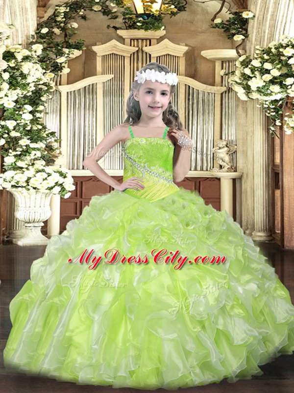 Exquisite Organza Straps Sleeveless Lace Up Beading and Ruffles Evening Gowns in Yellow Green