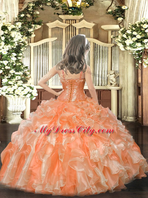 Exquisite Organza Straps Sleeveless Lace Up Beading and Ruffles Evening Gowns in Yellow Green