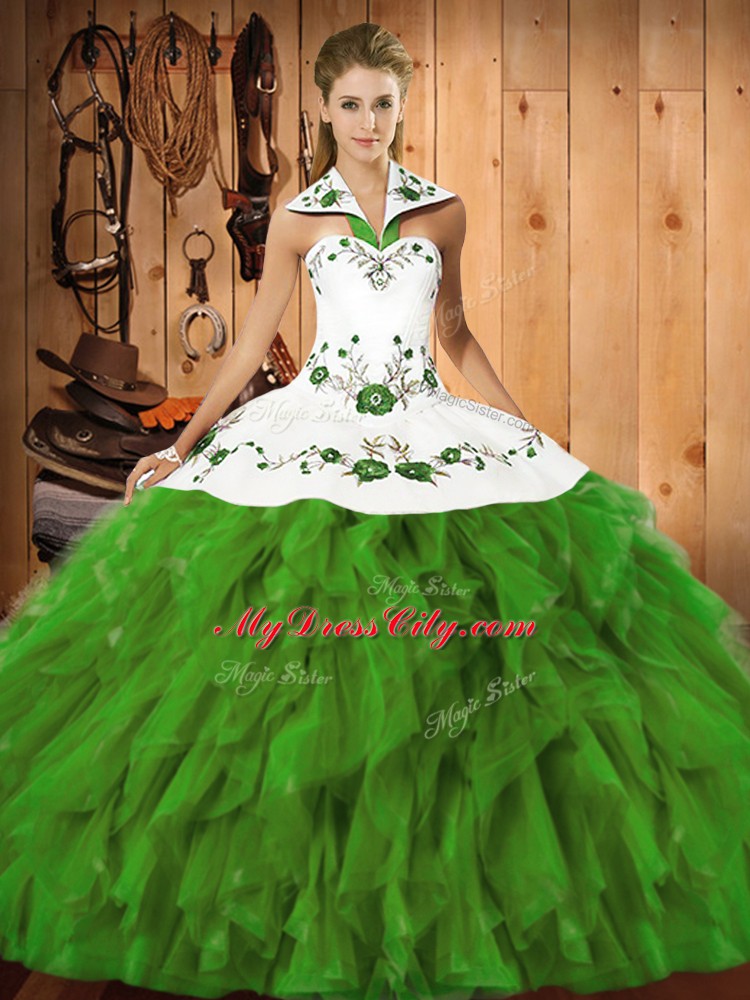 Colorful Olive Green Ball Gowns Embroidery and Ruffles Vestidos de Quinceanera Lace Up Satin and Organza Sleeveless Floor Length