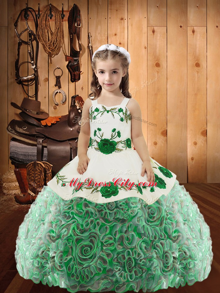 On Sale Straps Sleeveless Fabric With Rolling Flowers High School Pageant Dress Embroidery and Ruffles Lace Up