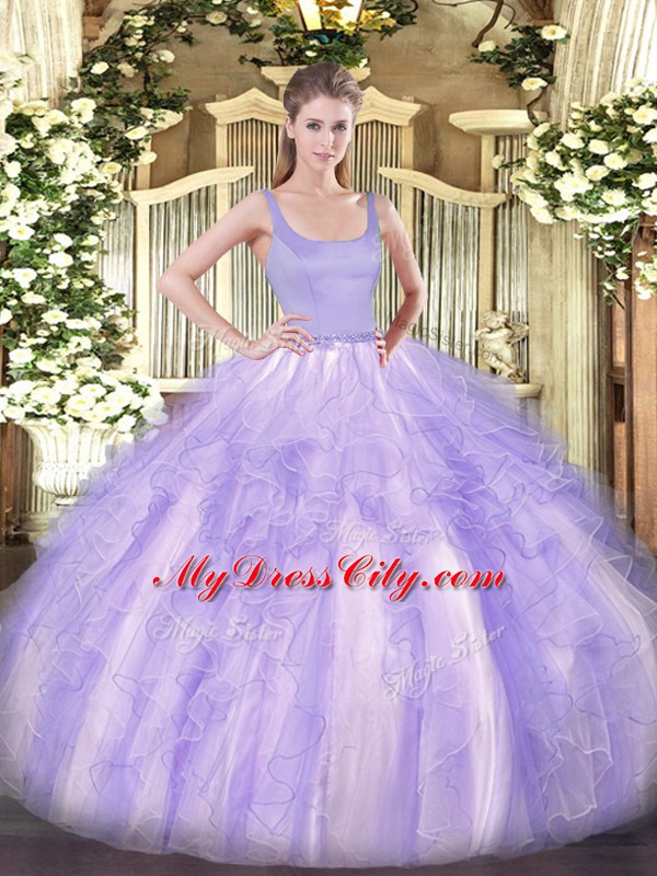 Romantic Lavender Tulle Zipper Sweet 16 Quinceanera Dress Sleeveless Floor Length Beading and Ruffles