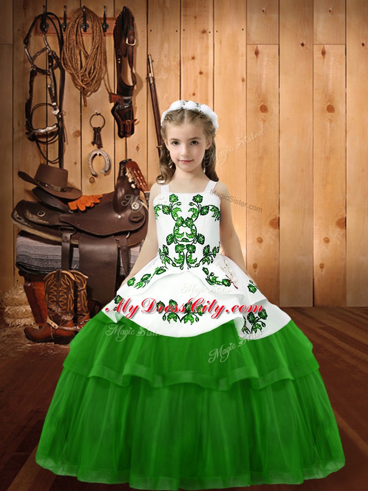 Dramatic Sleeveless Floor Length Embroidery Lace Up Little Girl Pageant Gowns