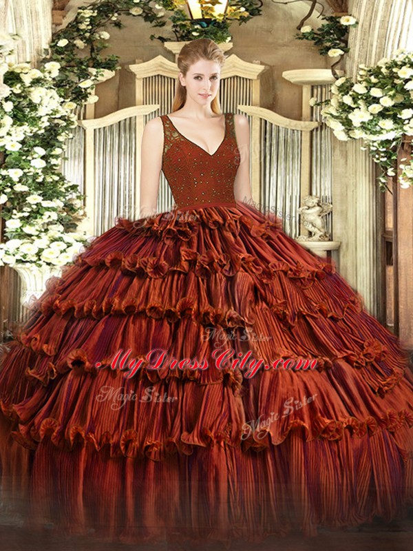 Popular V-neck Sleeveless Sweet 16 Dresses Floor Length Beading and Ruffled Layers Rust Red Organza