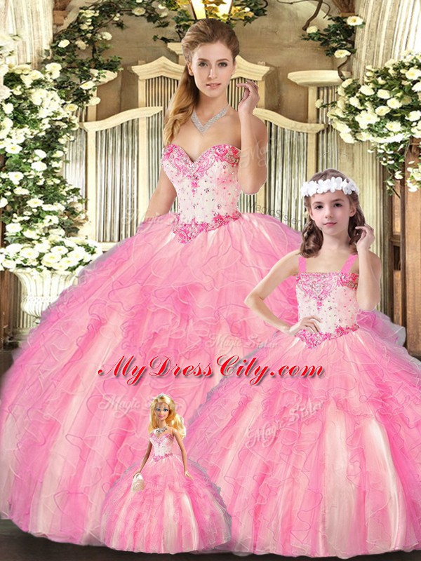 Sleeveless Floor Length Beading and Ruffles Lace Up Sweet 16 Dresses with Baby Pink