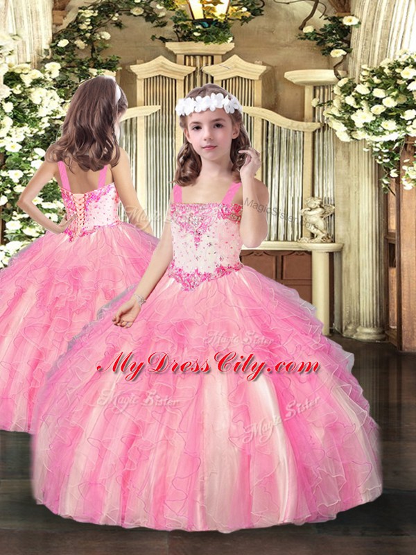 Sleeveless Floor Length Beading and Ruffles Lace Up Sweet 16 Dresses with Baby Pink