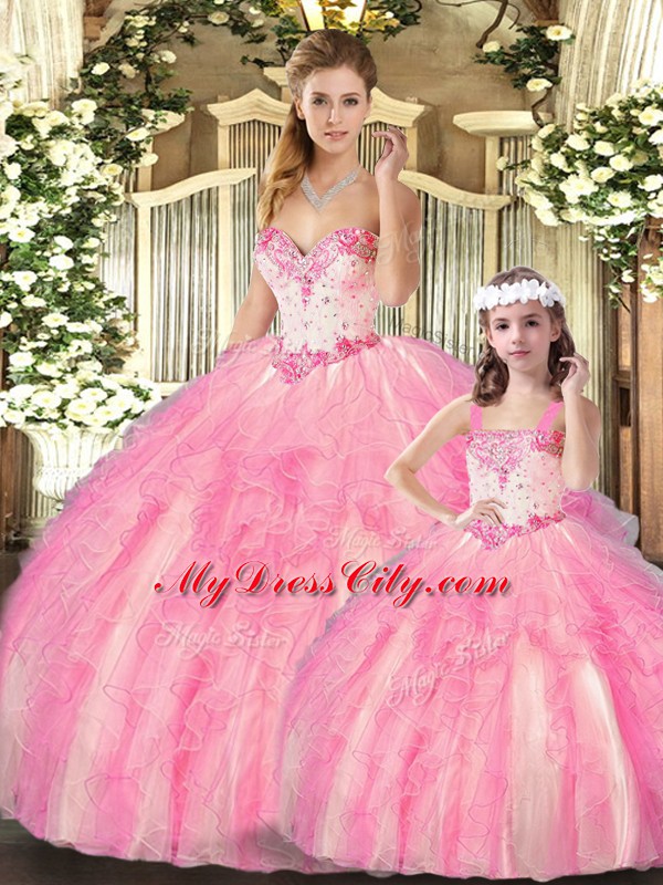 Sleeveless Floor Length Beading and Ruffles Lace Up Sweet 16 Dresses with Baby Pink