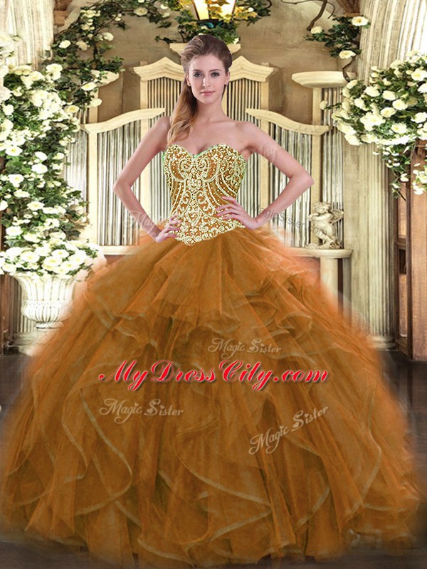 Custom Designed Floor Length Brown Vestidos de Quinceanera Tulle Sleeveless Beading