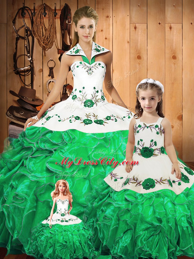 Sleeveless Tulle Floor Length Lace Up Quinceanera Dress in Green with Embroidery and Ruffles and Bowknot