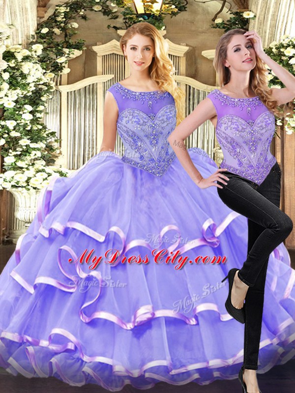 Captivating Lavender Lace Up Scoop Beading and Ruffled Layers Ball Gown Prom Dress Organza Sleeveless