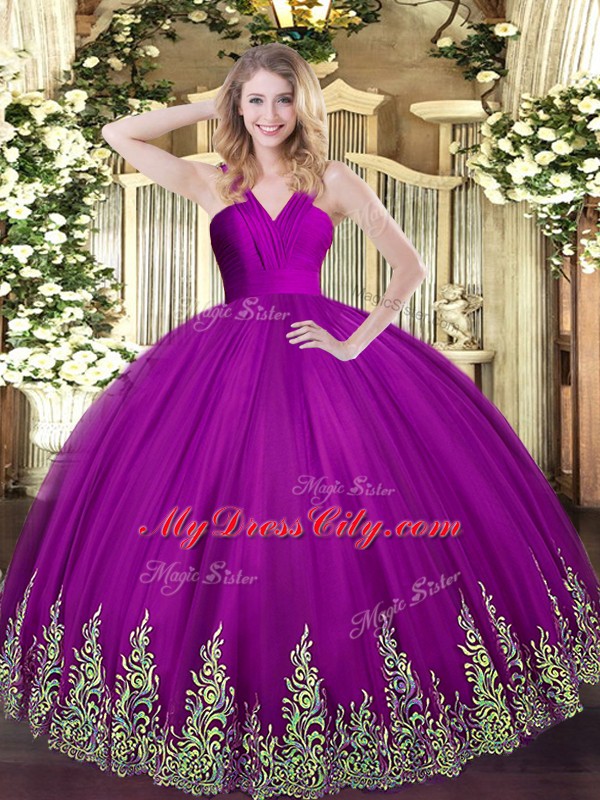 Dramatic V-neck Sleeveless Quinceanera Gown Floor Length Appliques Fuchsia Tulle