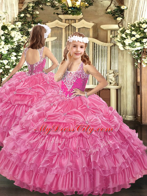 Rose Pink Sleeveless Organza Lace Up Pageant Dress for Girls for Party and Quinceanera