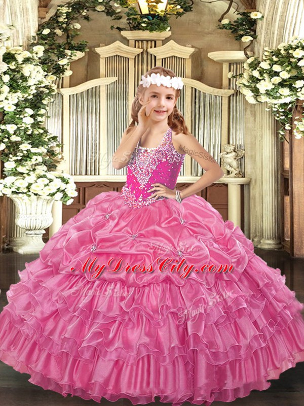 Rose Pink Sleeveless Organza Lace Up Pageant Dress for Girls for Party and Quinceanera