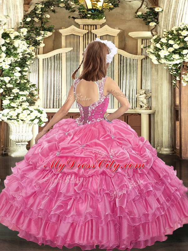 Rose Pink Sleeveless Organza Lace Up Pageant Dress for Girls for Party and Quinceanera