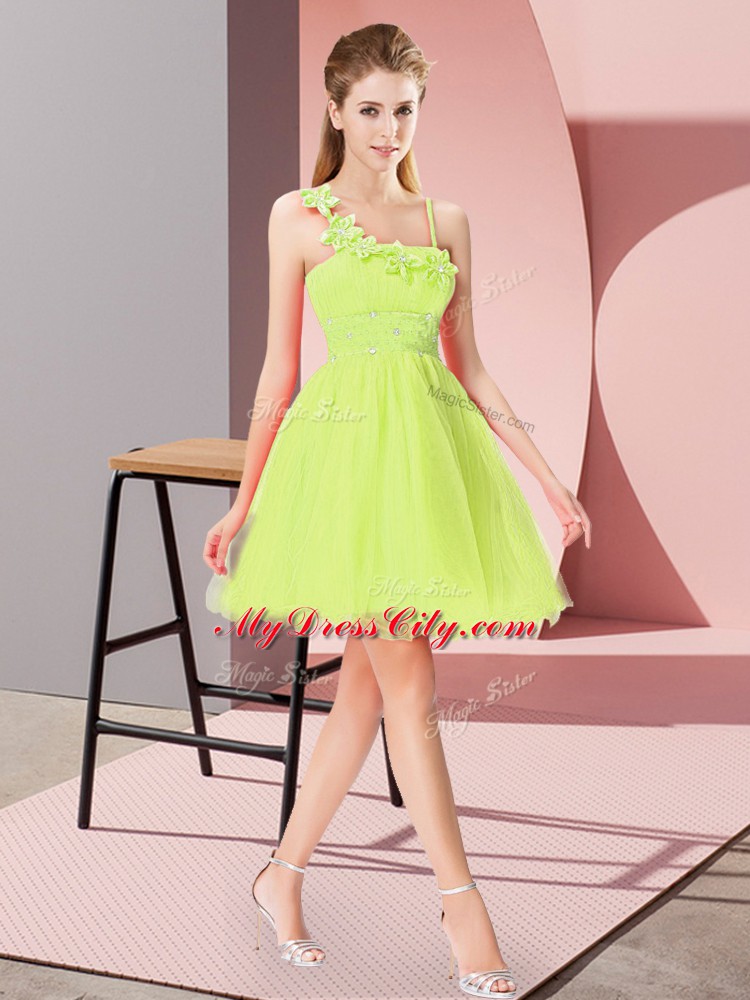 Exquisite Yellow Green Empire Beading and Hand Made Flower Homecoming Dress Zipper Organza Sleeveless Mini Length