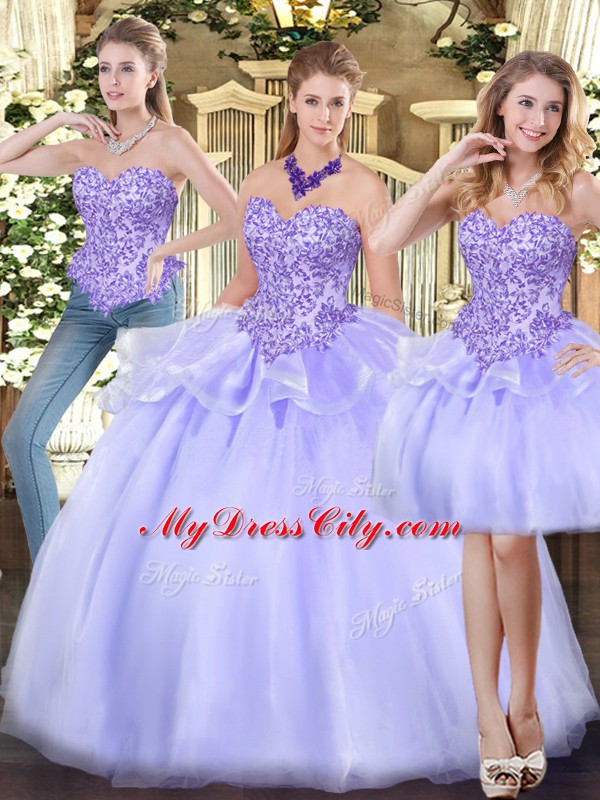 Shining Lavender Three Pieces Sweetheart Sleeveless Organza Floor Length Zipper Appliques and Ruffles Quinceanera Gown