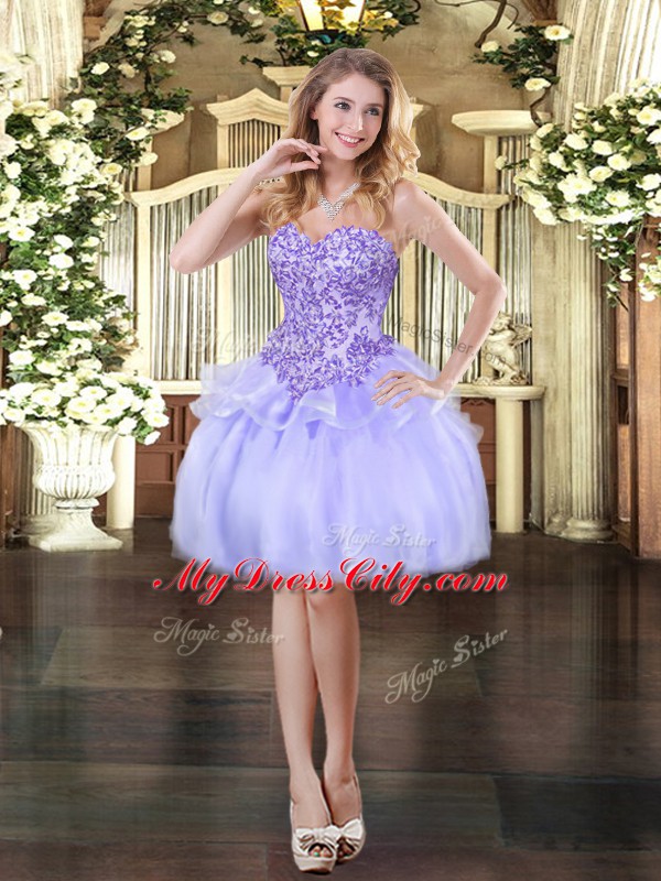 Shining Lavender Three Pieces Sweetheart Sleeveless Organza Floor Length Zipper Appliques and Ruffles Quinceanera Gown