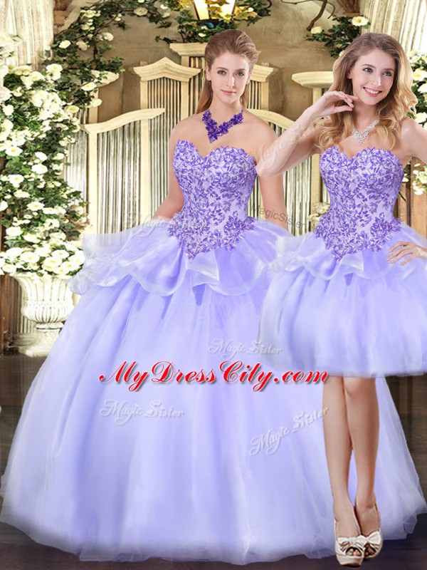 Shining Lavender Three Pieces Sweetheart Sleeveless Organza Floor Length Zipper Appliques and Ruffles Quinceanera Gown