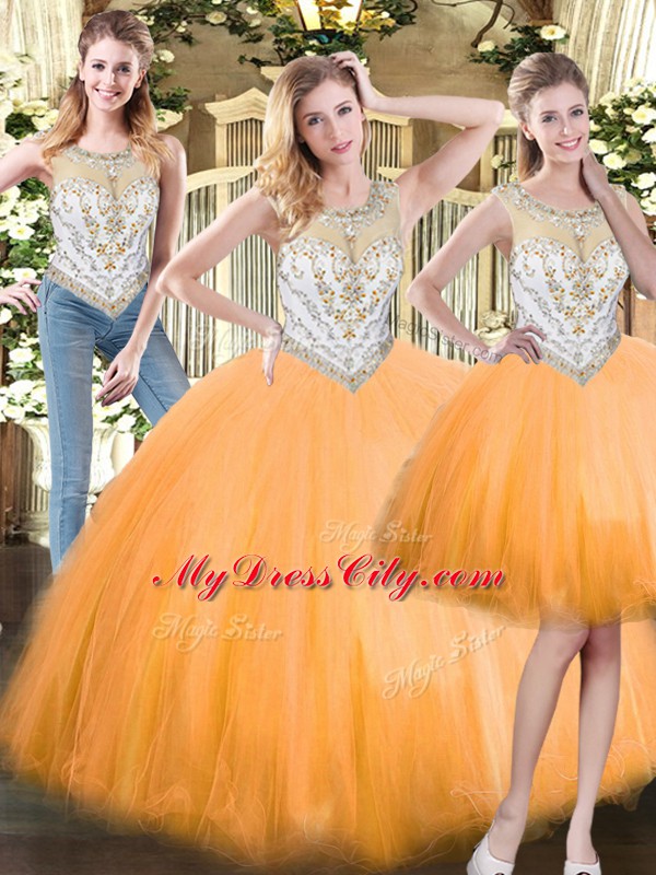 Sleeveless Tulle Floor Length Zipper Quinceanera Gowns in Orange Red with Beading