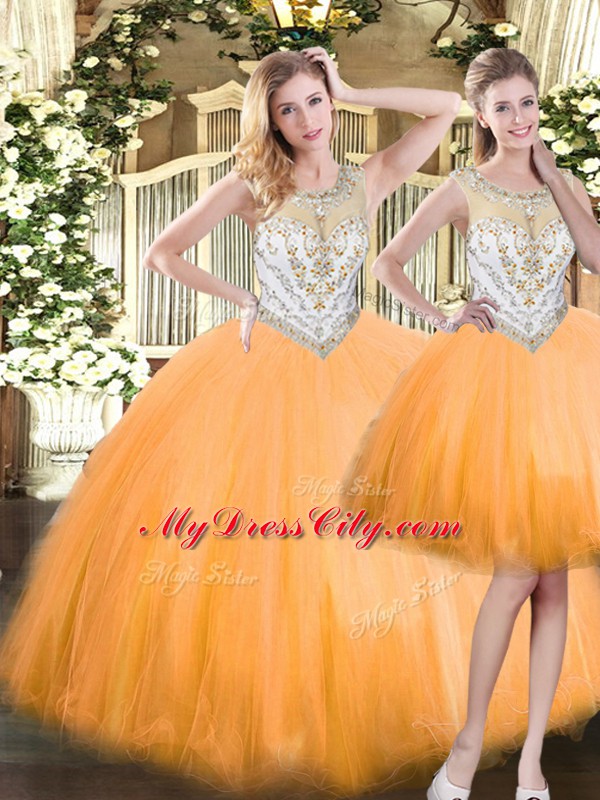 Sleeveless Tulle Floor Length Zipper Quinceanera Gowns in Orange Red with Beading