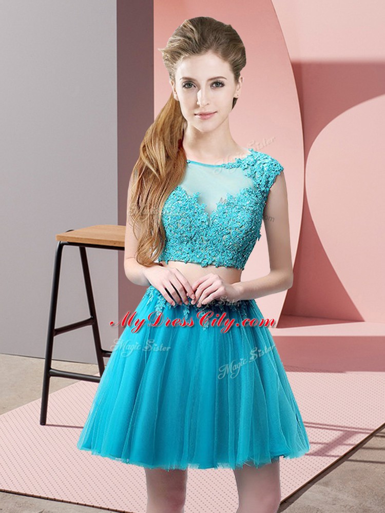 Fashionable Baby Blue Sleeveless Appliques Mini Length Prom Party Dress