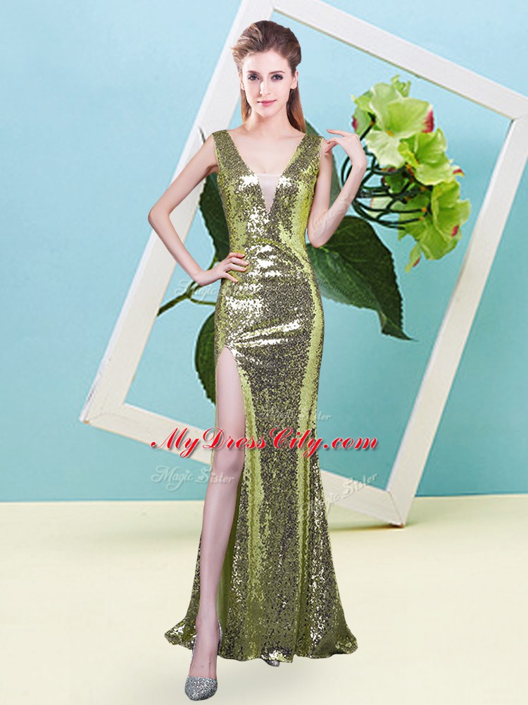 Floor Length Mermaid Sleeveless Yellow Green Prom Gown Zipper