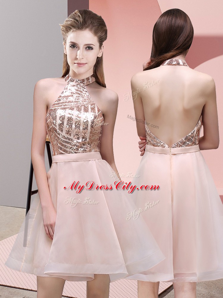 Vintage Mini Length Baby Pink Quinceanera Dama Dress Chiffon Sleeveless Sequins