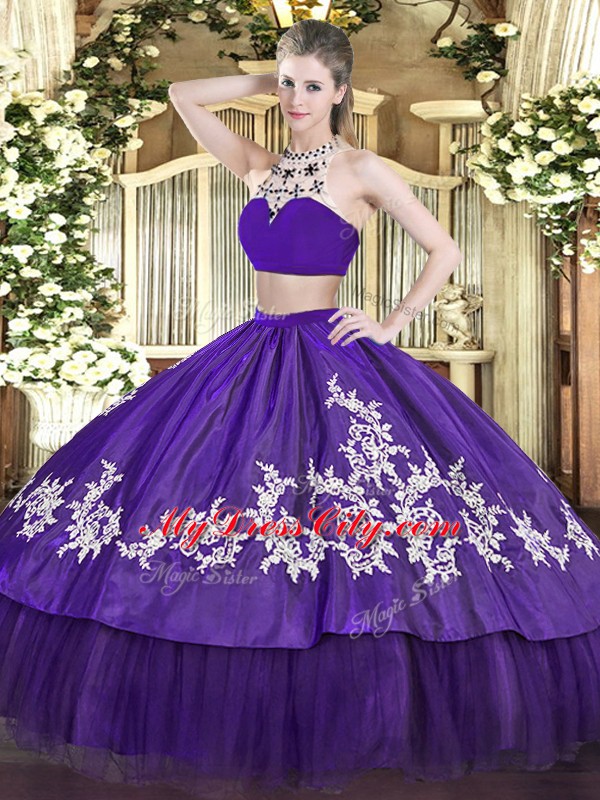 Super Purple Two Pieces Beading and Appliques Sweet 16 Dress Backless Tulle Sleeveless Floor Length