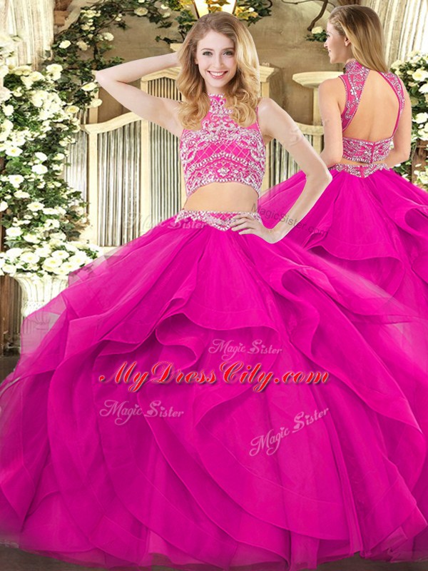 High-neck Sleeveless 15th Birthday Dress Floor Length Beading and Ruffles Fuchsia Tulle