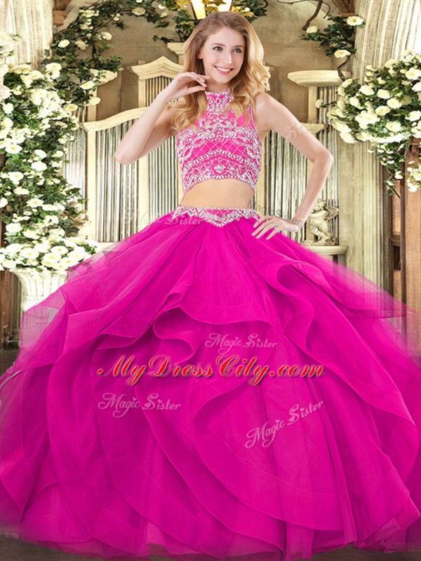 High-neck Sleeveless 15th Birthday Dress Floor Length Beading and Ruffles Fuchsia Tulle