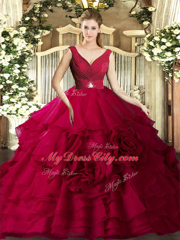 Red Ball Gowns Beading and Ruffles Quinceanera Gowns Backless Organza Sleeveless Floor Length