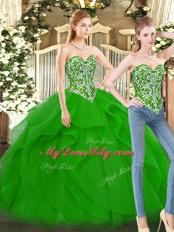 Custom Fit Sleeveless Floor Length Beading and Ruffles Lace Up Sweet 16 Quinceanera Dress with Green