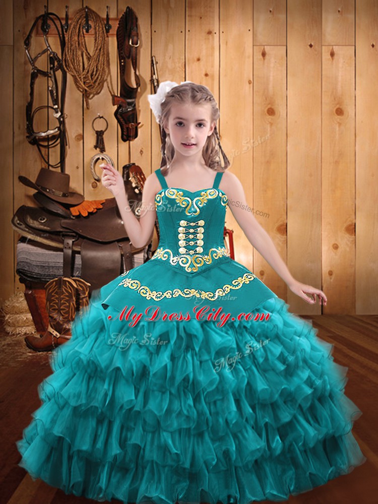 Floor Length Lace Up Child Pageant Dress Teal for Party and Sweet 16 and Quinceanera and Wedding Party with Embroidery and Ruffled Layers