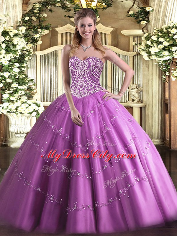 Flirting Lilac Ball Gowns Sweetheart Sleeveless Tulle Floor Length Lace Up Beading 15th Birthday Dress