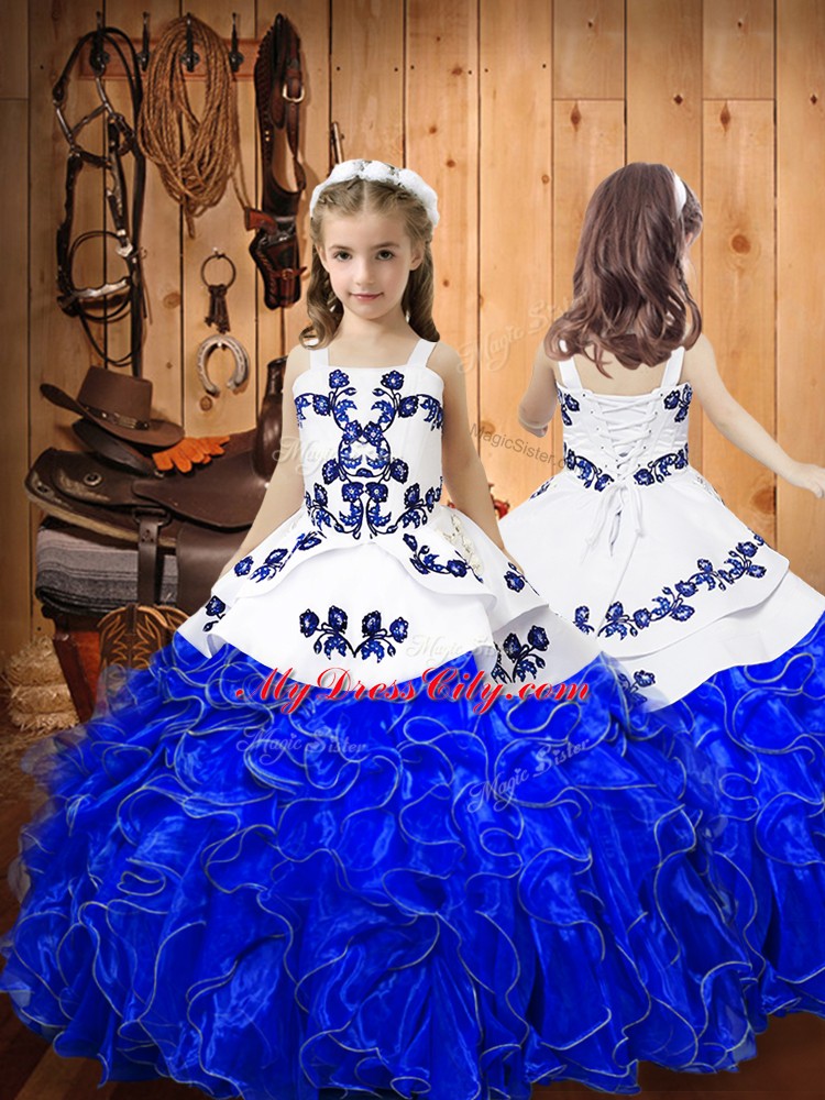 Royal Blue Sleeveless Floor Length Embroidery and Ruffles Lace Up Little Girls Pageant Dress