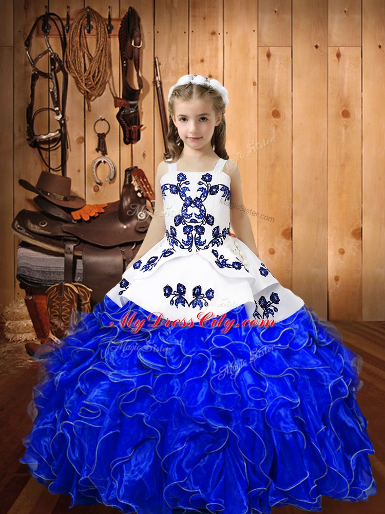 Royal Blue Sleeveless Floor Length Embroidery and Ruffles Lace Up Little Girls Pageant Dress