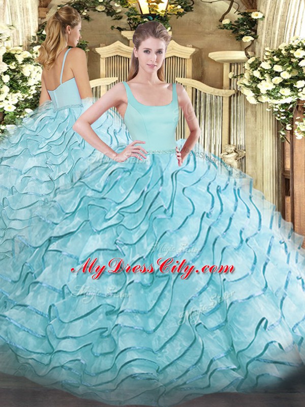 Custom Designed Aqua Blue Organza Zipper 15 Quinceanera Dress Sleeveless Brush Train Ruffled Layers