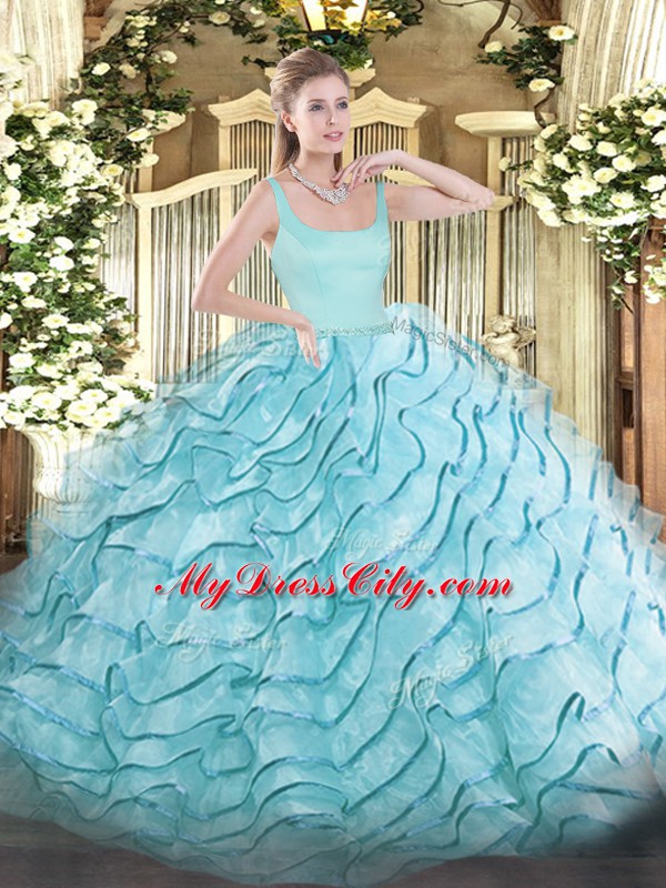 Custom Designed Aqua Blue Organza Zipper 15 Quinceanera Dress Sleeveless Brush Train Ruffled Layers