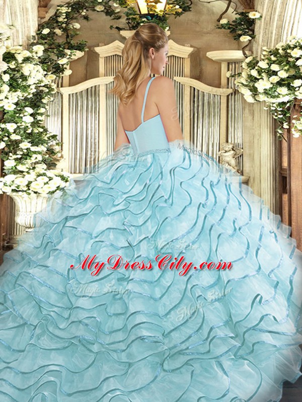 Custom Designed Aqua Blue Organza Zipper 15 Quinceanera Dress Sleeveless Brush Train Ruffled Layers