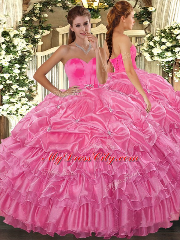 Rose Pink Lace Up 15th Birthday Dress Beading and Ruffled Layers Sleeveless Floor Length