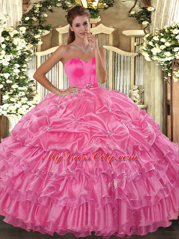 Rose Pink Lace Up 15th Birthday Dress Beading and Ruffled Layers Sleeveless Floor Length